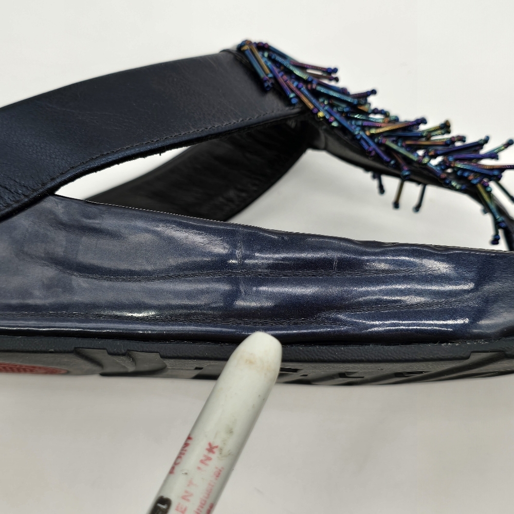FitFlop Cha Cha Rumba Sandals Sz 8 Blue Leather Beaded Fringe Thong Platform - Picture 12 of 14